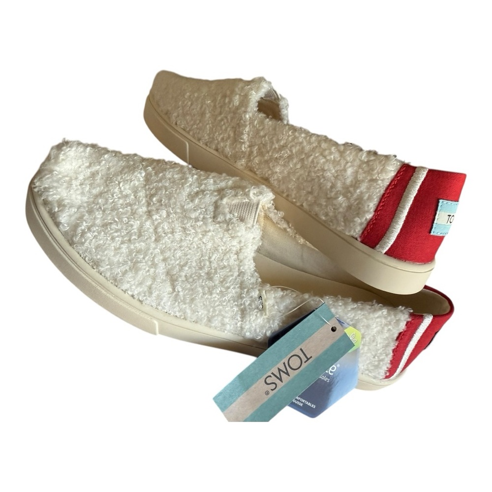 Tom’s Alpargata Cupsole Natural Faux Shearling, Size 7.5, White/ Red NWT‎